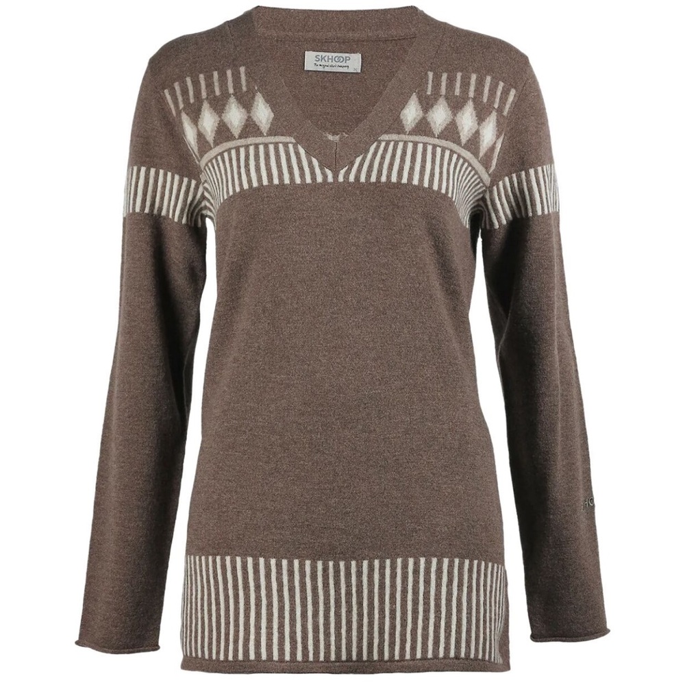 Skhoop Tindra V-Neck Sweater, Brown Fair Isle, Wool Blend Small